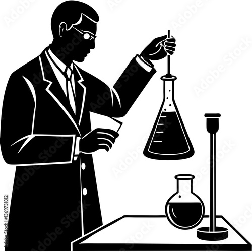 A silhouette of a chemist conducting a titration experiment with a burette