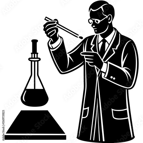 A silhouette of a chemist conducting a titration experiment with a burette