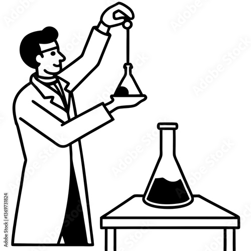 A silhouette of a chemist conducting a titration experiment with a burette