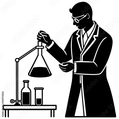 A silhouette of a chemist conducting a titration experiment with a burette