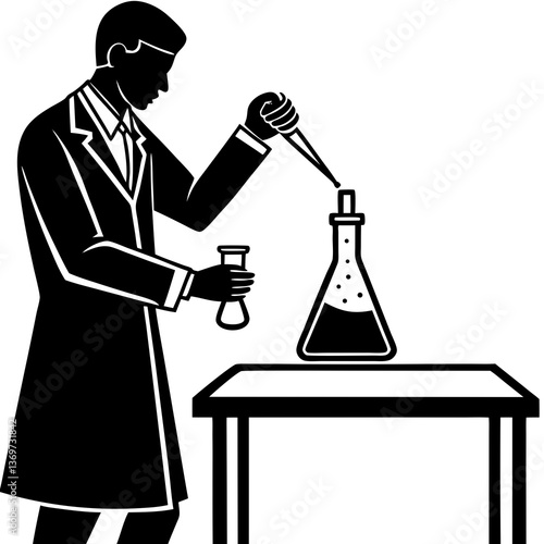 A silhouette of a chemist conducting a titration experiment with a burette
