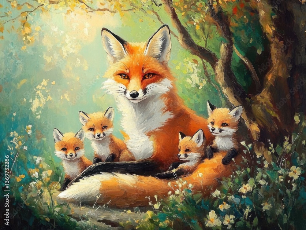 Fototapeta premium Oil painting of a family of foxes with a fox mother and fox children resting under the trees and wild flowers in the forest. Wildlife Animals. Illustration. Concept for mother's day- women's day