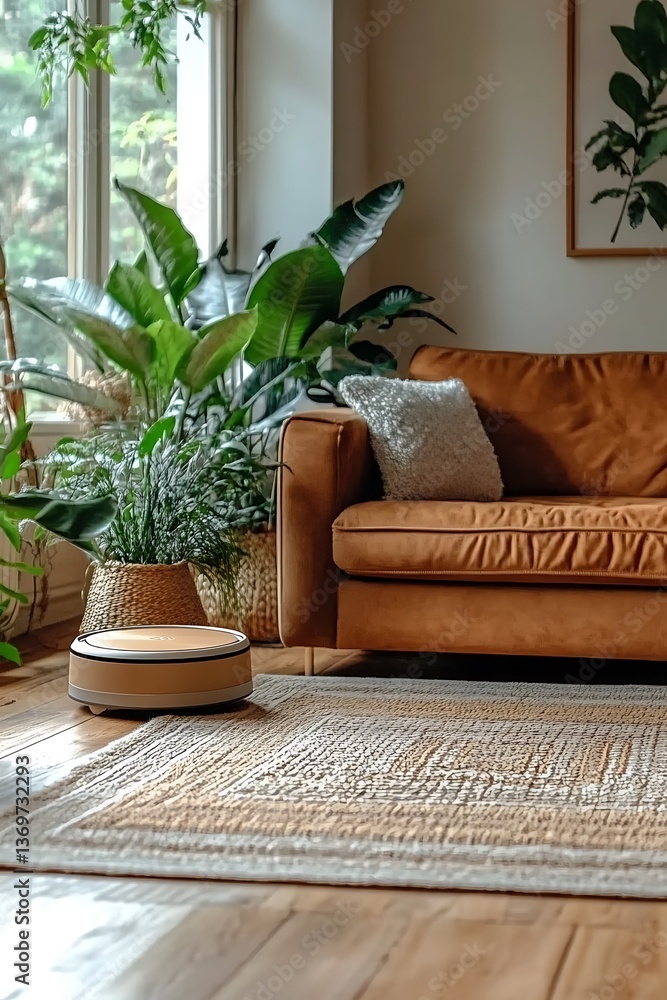 Cozy living room with plants and rug