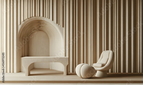 Modern Interior Minimalist Living Room with Wooden Flooring and Sunlit Space 3D Rendering