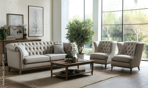 Modern Interior Minimalist Living Room with Wooden Flooring and Sunlit Space 3D Rendering