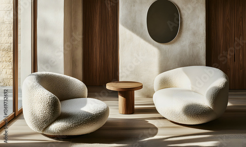 Modern Interior Minimalist Living Room with Wooden Flooring and Sunlit Space 3D Rendering