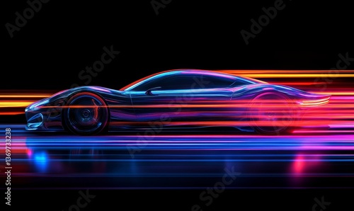 Futuristic Sports Car On Neon Highway. Powerful acceleration of a supercar with colorful lights trails. generative AI