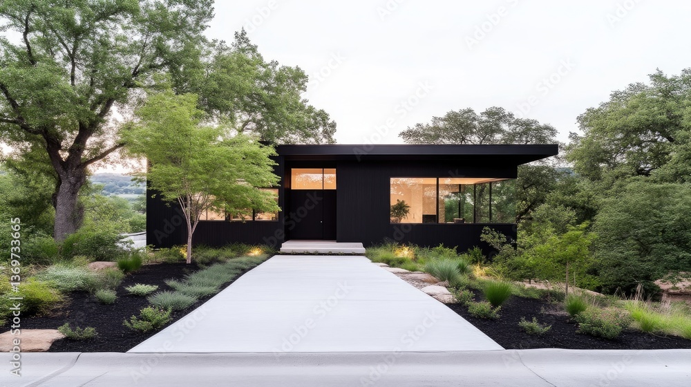 Modern black home with white walkway. Lush landscaping surrounds the contemporary house Modern black home with white walkway. Lush landscaping surrounds the contemporary house