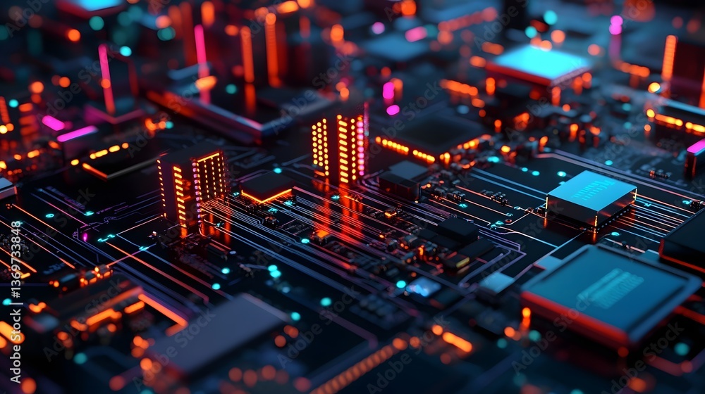 Futuristic high tech motherboard with illuminated city like structures and intelligence data Futuristic high tech motherboard with illuminated city like structures and intelligence data