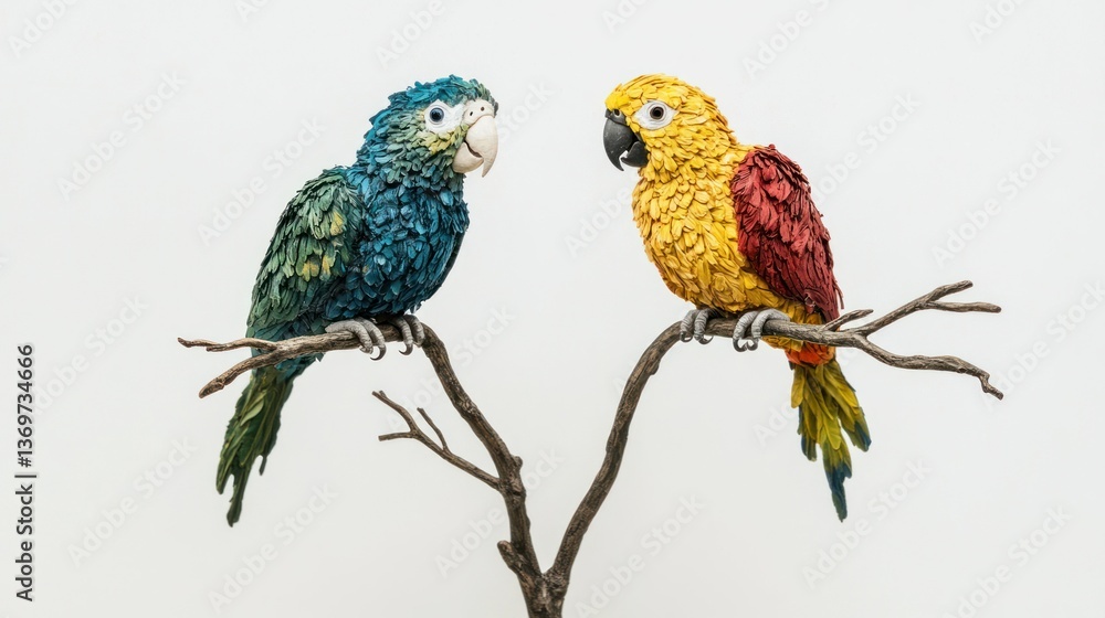 Fototapeta premium Two beautifully crafted parrots perch on a branch, vibrant and detailed art.