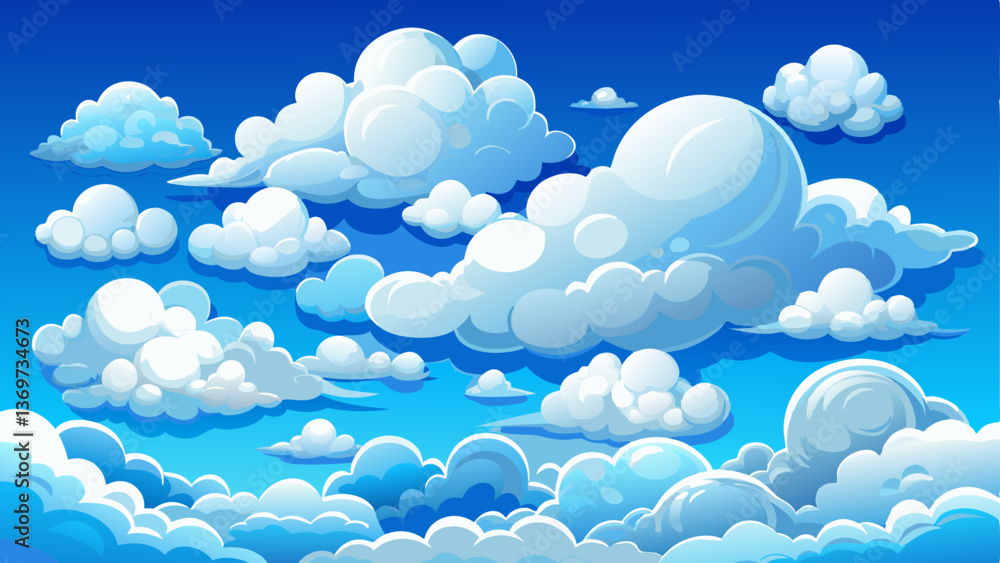 set Collections Cloud, Fluffy white clouds of various shapes and sizes against a bright blue sky