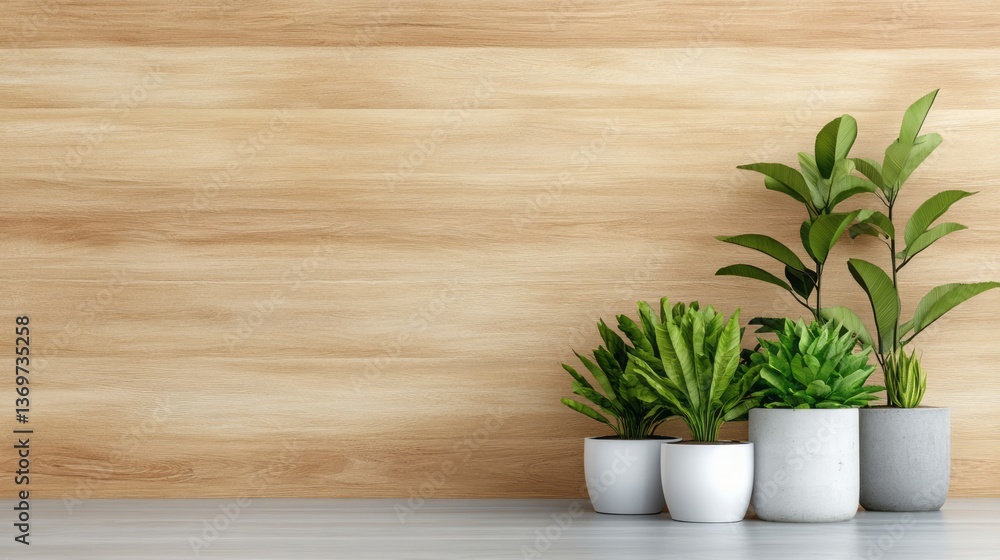 Fototapeta premium Various green plants in pots are arranged on a surface