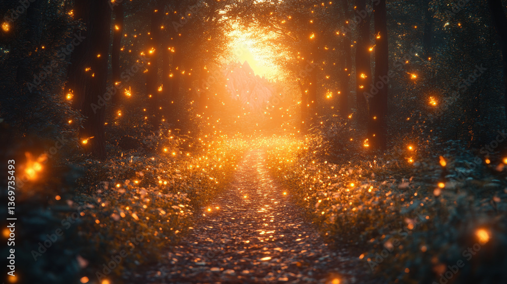 Naklejka premium Enchanted Forest Path with Glowing Lights