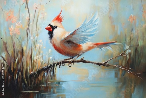Fototapeta Naklejka Na Ścianę i Meble -  Abstract Oil Painting Of Cardinal Landing In Marsh With Soft Colors. the painting depicts a white and blue bird pecking on a branch in the wild