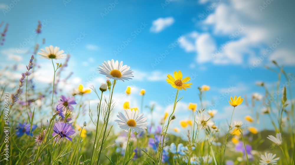 A panoramic, idyllic field of wildflowers, featuring vibrant daisies, cornflowers, and grasses against a clear, light blue sky with scattered white clouds A panoramic, idyllic field of wildflowers, featuring vibrant daisies, cornflowers, and grasses against a clear, light blue sky with scattered white clouds