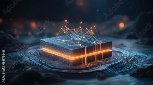 Glowing cube with intricate network connections on a dark, textured surface