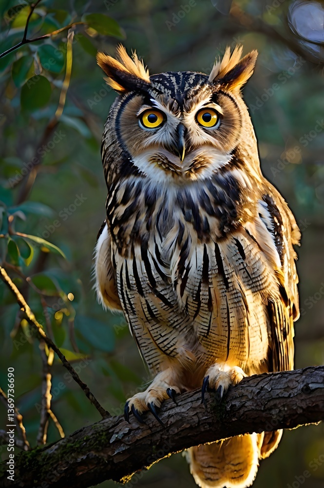A captivating owl perched on a tree branch at dusk, its intense yellow eyes glowing in the dim light, exuding wisdom and mystery. Perfect for wildlife and nature themes. A captivating owl perched on a tree branch at dusk, its intense yellow eyes glowing in the dim light, exuding wisdom and mystery. Perfect for wildlife and nature themes.