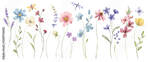 Watercolor wild flowers border banner for stationary, greetings, etc., floral decoration. Hand drawing.