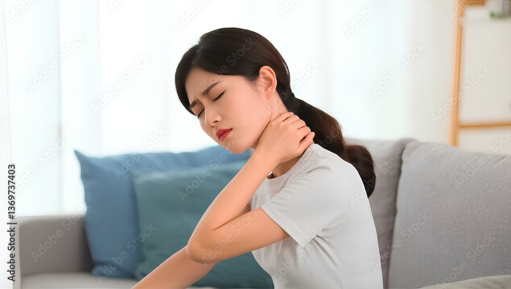 Woman sitting on a couch, holding her neck with a pained expression. conveys themes of physical discomfort, health issues, and the need for relaxation or medical care. Woman sitting on a couch, holding her neck with a pained expression. conveys themes of physical discomfort, health issues, and the need for relaxation or medical care.