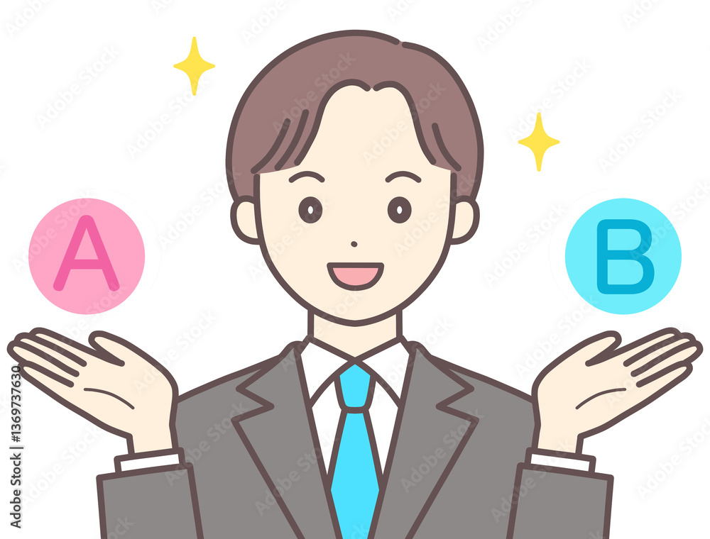 A案とB案を提案するスーツの男性(肌の色あり) A案とB案を提案するスーツの男性(肌の色あり)