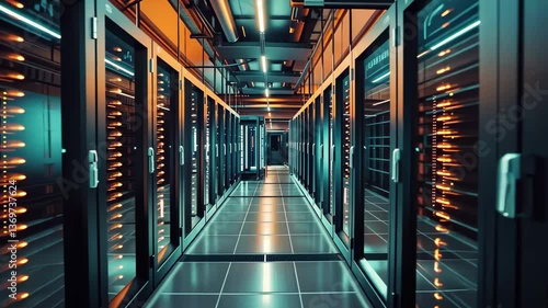 Rows of sleek servers occupy a modern data center, illuminated by warm lighting that creates a vibrant atmosphere during the evening hours.