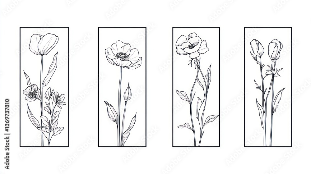 Four floral line art prints; minimalist poppy design; white background; home decor Four floral line art prints; minimalist poppy design; white background; home decor