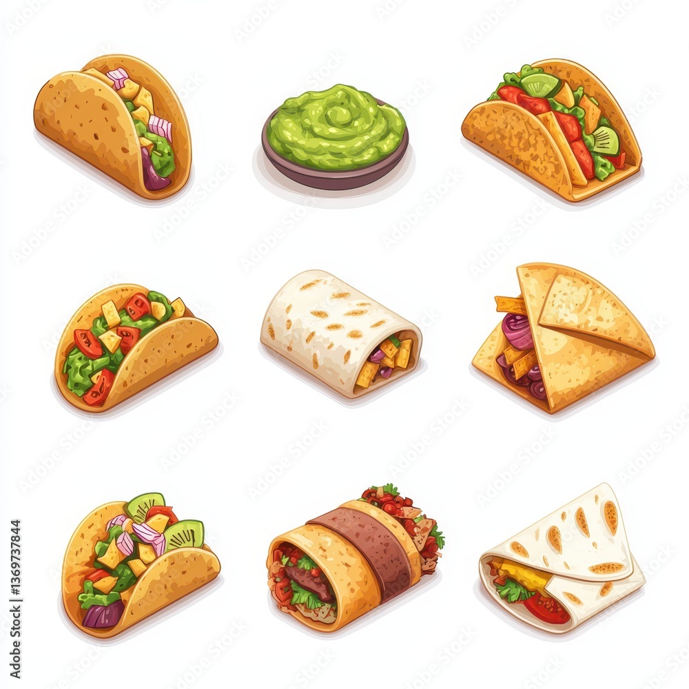 Food icon isometric concept. A colorful arrangement of various tacos and guacamole, showcasing different fillings and styles in an appealing, vibrant design. Food icon isometric concept. A colorful arrangement of various tacos and guacamole, showcasing different fillings and styles in an appealing, vibrant design.
