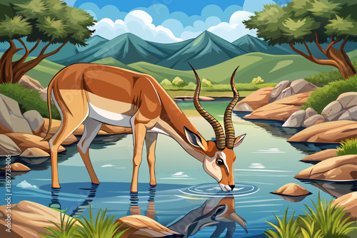 Gazelle in green hill field with beautiful sky and grass, Highly detailed vector illustration