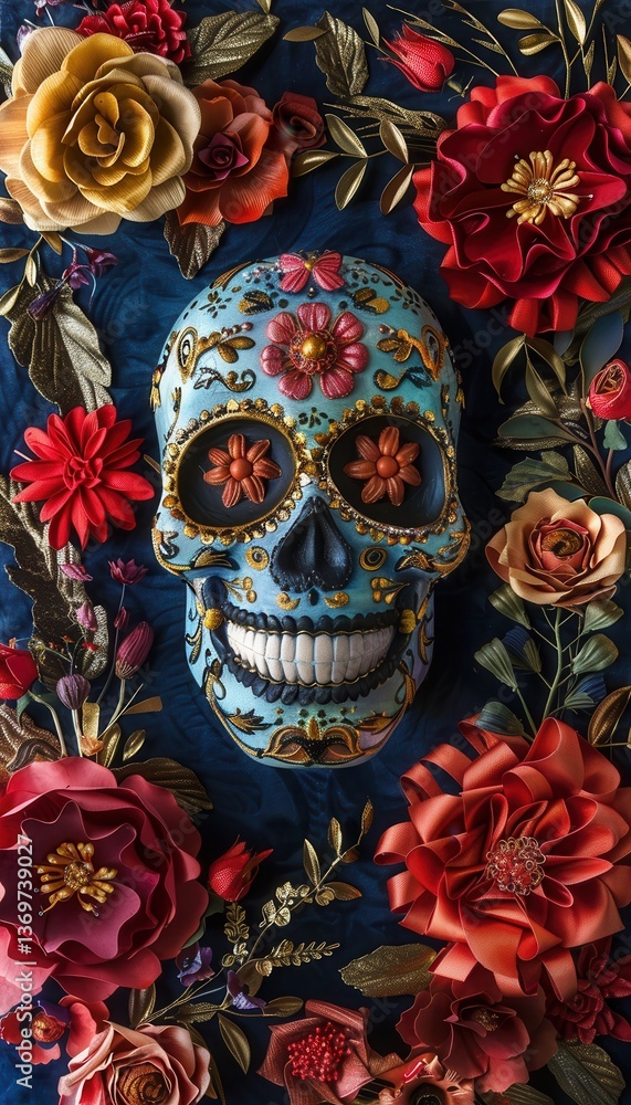 Luxurious Day of the Dead Skull with Velvet and Floral Accents for Festive Decor Luxurious Day of the Dead Skull with Velvet and Floral Accents for Festive Decor
