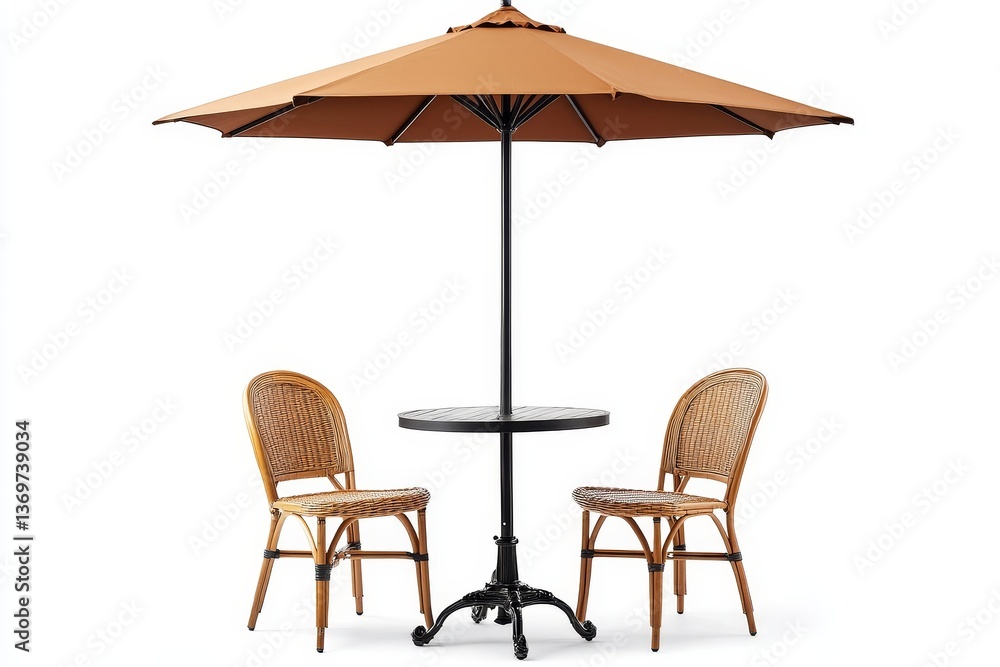 Cafe table with chair and parasol umbrella isolated on white background. Generative AI Cafe table with chair and parasol umbrella isolated on white background. Generative AI