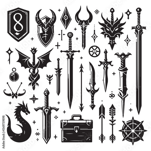 RPG weapon icon set, vector fantasy game sword collection, dungeon dragon battle attack object kit: magic sorcerer staff, warrior dagger, medieval bow, arrow, and character equipment vector 