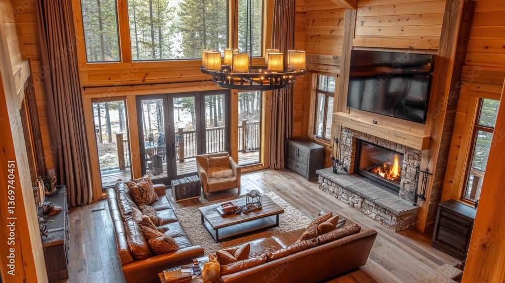 custom made wallpaper toronto digitalLarge log cabin living room with lake view. Possible use Stock photo