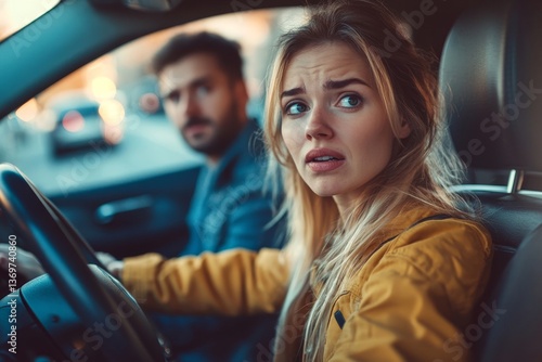 Traffic danger concept. Stressed spouses having risk of road accident while driving car. Vehicles crash concept