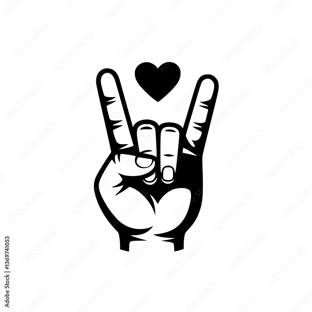 Love and Rock Hand Gesture Icon, Black and white illustration of a hand making the rock-on gesture with a heart symbol above, symbolizing love and music.
Love and Rock Hand Gesture Icon, Black and white illustration of a hand making the rock-on gesture with a heart symbol above, symbolizing love and music.