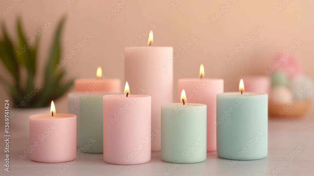 Relaxing candle arrangement cozy home setting decorative content soft color palette close-up view serenity concept Relaxing candle arrangement cozy home setting decorative content soft color palette close-up view serenity concept