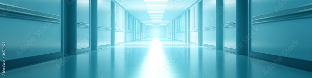 Fototapeta premium Blurred and abstract of hospital corridor with light, modern clinic design in aqua hues