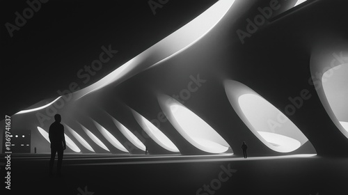 an architectural marvel featuring a spacious, futuristic interior, illuminated by natural light and a silhouette of people
