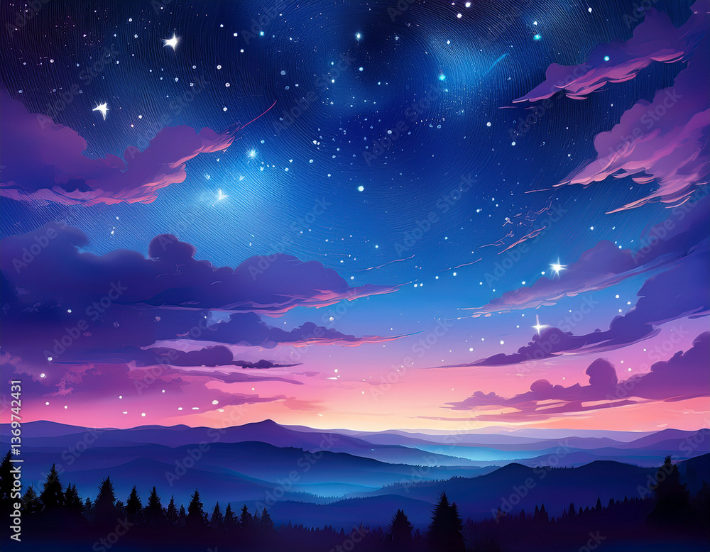 Fototapeta premium A tranquil twilight sky transitioning between blue and deep purple with scattered stars beginning to emerge.