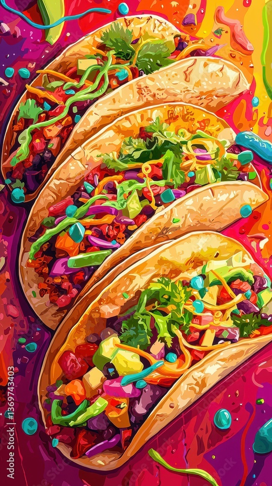 Fototapeta premium Colorful and Realistic Tacos in a Vibrant Background Scene