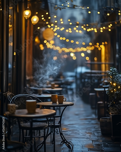 A cozy cafe scene with warm lights and steam rising from cups, creating an inviting atmosphere for relaxation and conversation. an evening outdoor cafe with a pleasant atmosphere