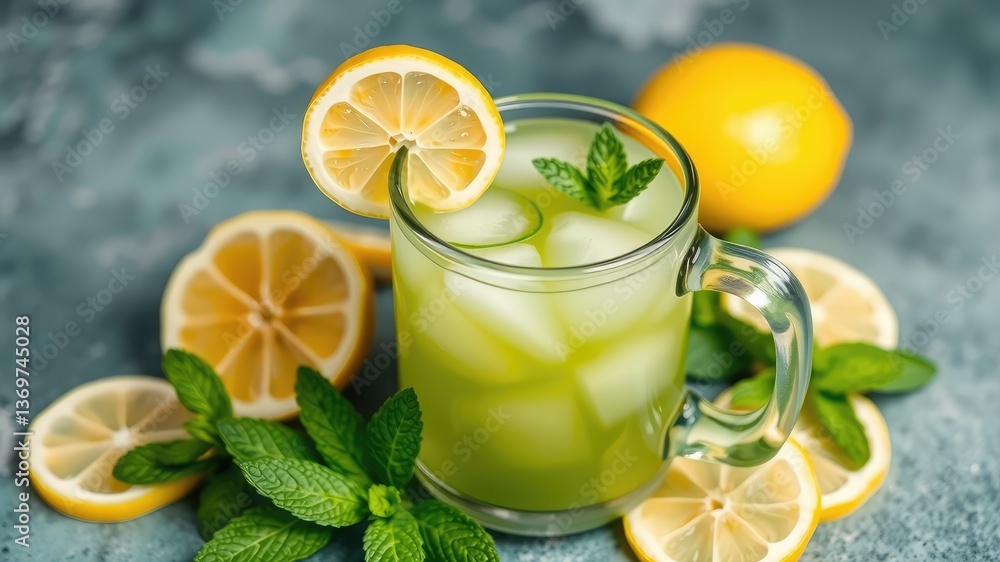 Fototapeta premium Aloe vera juice and lemon juice, lemonade with lemon and mint