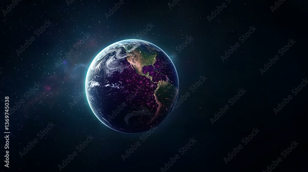 Obraz premium A stylized image of planet Earth, seen from space, with glowing lines connecting major cities, illustrating global interconnectedness against a backdrop of stars.