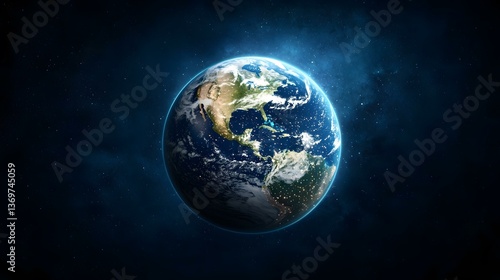 Fototapeta Naklejka Na Ścianę i Meble -  The image shows a detailed view of planet Earth from space, centered on North and Central America, with city lights visible at night against a dark, starry backdrop.