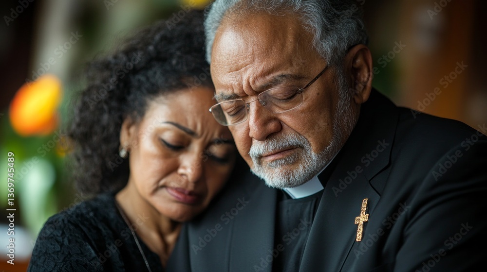 In a serene environment, a Catholic priest gently places his hand on the shoulder of a grieving woman, conveying compassion and empathy during a somber time In a serene environment, a Catholic priest gently places his hand on the shoulder of a grieving woman, conveying compassion and empathy during a somber time