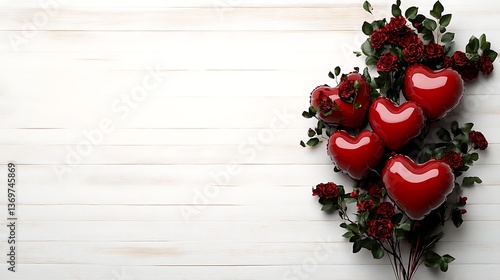 Red heart shaped balloons with red roses on a white wooden table