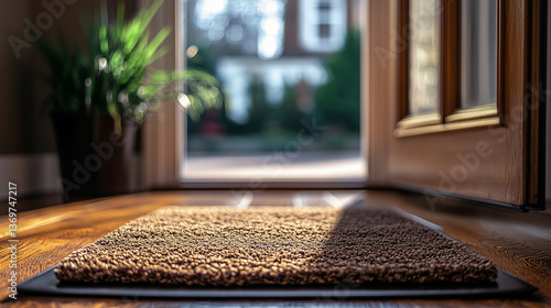 A cozy brown doormat placed on a wooden floor, welcoming guests into a bright home filled with natural light