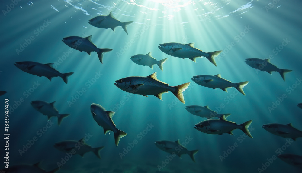 Obraz premium School of fish swimming gracefully underwater with sunlight rays penetrating the surface 