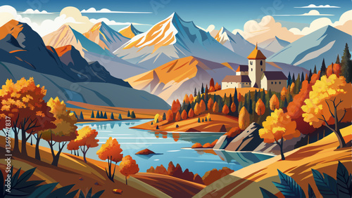 Mountain Lake. Beautiful autumn panoramic view of Zhinvali reservoir in Georgia country, Europe