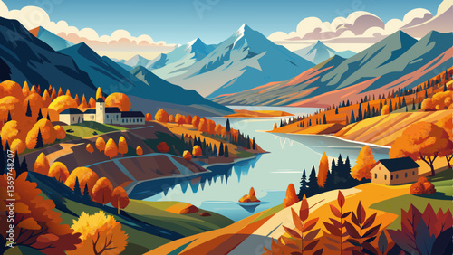 Mountain Lake. Beautiful autumn panoramic view of Zhinvali reservoir in Georgia country, Europe