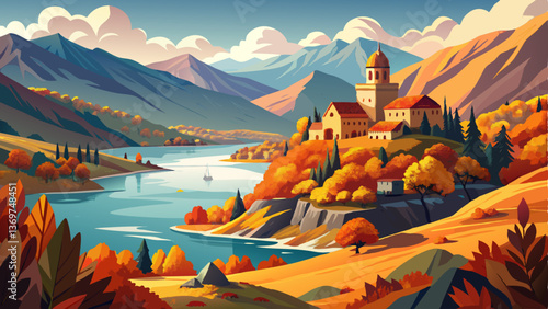 Mountain Lake. Beautiful autumn panoramic view of Zhinvali reservoir in Georgia country, Europe